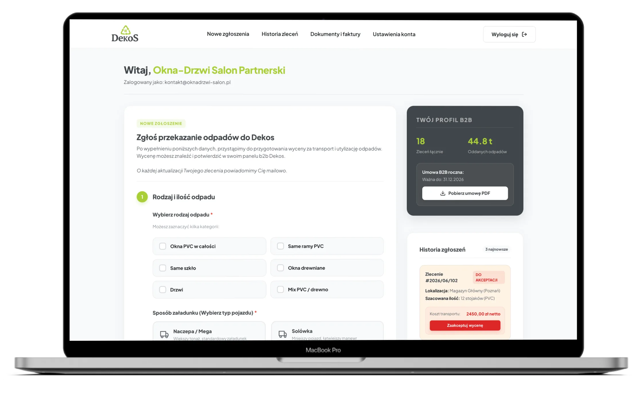 Widok panelu klienta B2B DekoS